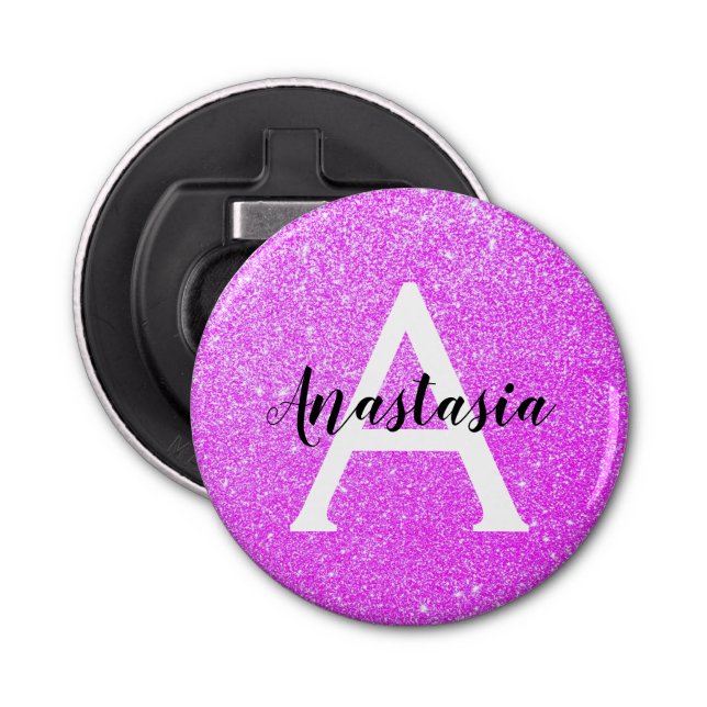 Girly Glam Purple Glitter Sparkles Monogram Name Bottle Opener (Front)