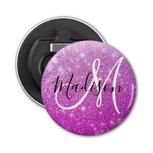Girly & Glam Purple Glitter Sparkles Monogram Name Bottle Opener