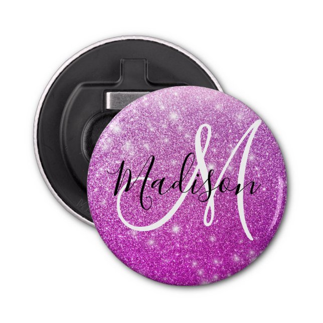 Girly & Glam Purple Glitter Sparkles Monogram Name Bottle Opener (Front)