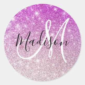 Girly & Glam Purple Glitter Sparkles Monogram Name Classic Round Sticker
