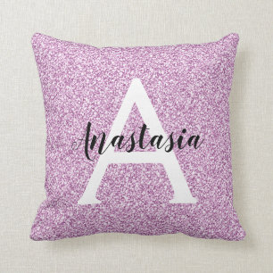 Girly Glam Purple Glitter Sparkles Monogram Name Cushion