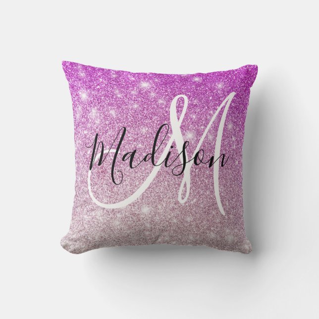 Girly & Glam Purple Glitter Sparkles Monogram Name Cushion (Front)