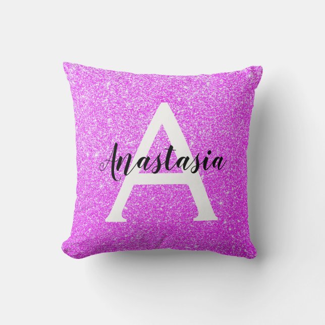 Girly Glam Purple Glitter Sparkles Monogram Name Cushion (Front)