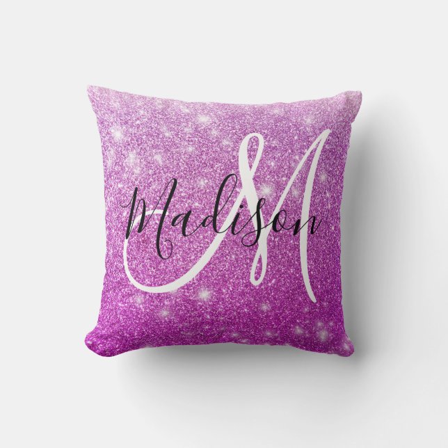 Girly & Glam Purple Glitter Sparkles Monogram Name Cushion (Front)