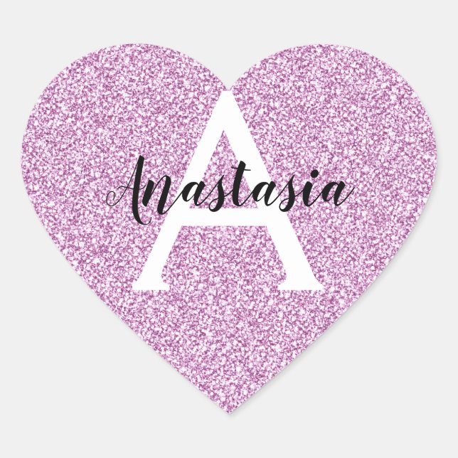 Girly Glam Purple Glitter Sparkles Monogram Name Heart Sticker (Front)