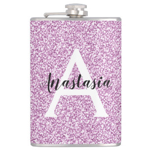 Girly Glam Purple Glitter Sparkles Monogram Name Hip Flask