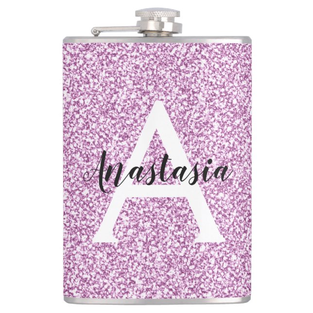 Girly Glam Purple Glitter Sparkles Monogram Name Hip Flask (Front)
