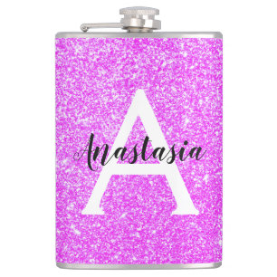 Girly Glam Purple Glitter Sparkles Monogram Name Hip Flask