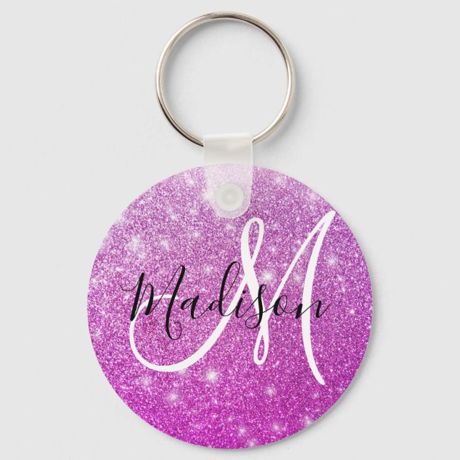 Girly & Glam Purple Glitter Sparkles Monogram Name Key Ring (Front)