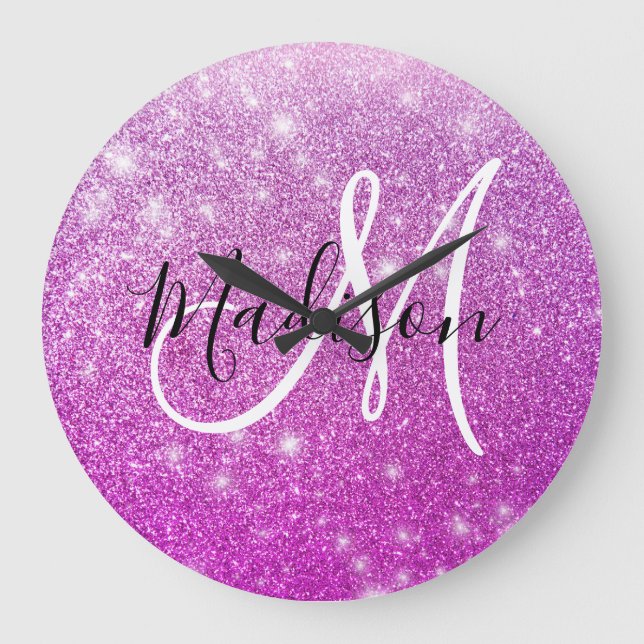 Girly & Glam Purple Glitter Sparkles Monogram Name Large Clock (Front)