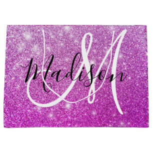 Girly & Glam Purple Glitter Sparkles Monogram Name Large Gift Bag