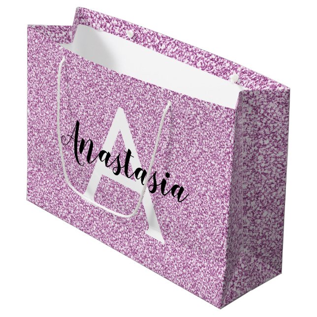 Girly Glam Purple Glitter Sparkles Monogram Name Large Gift Bag (Front Angled)