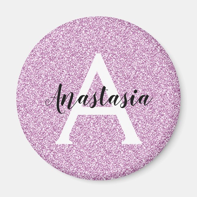 Girly Glam Purple Glitter Sparkles Monogram Name Magnet (Front)