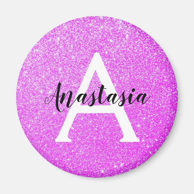 Girly Glam Purple Glitter Sparkles Monogram Name Magnet (Front)