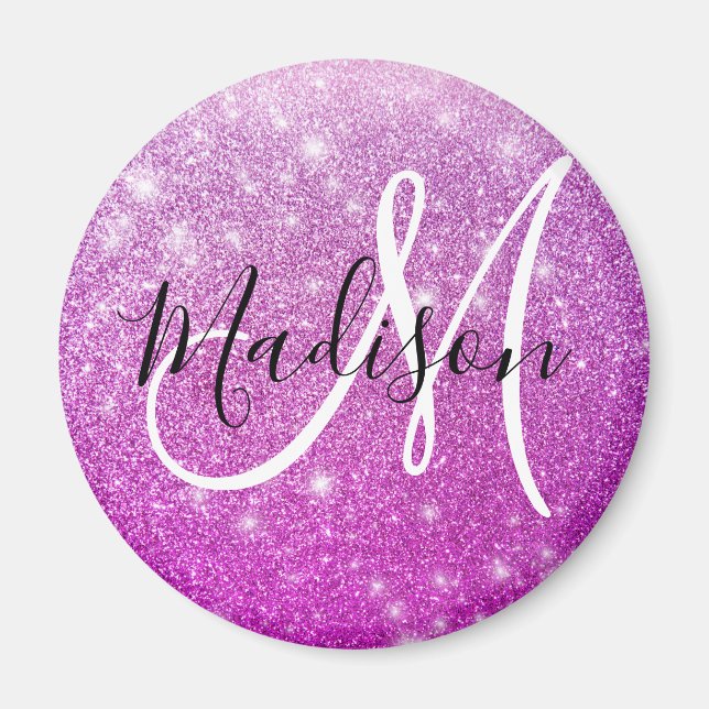 Girly & Glam Purple Glitter Sparkles Monogram Name Magnet (Front)