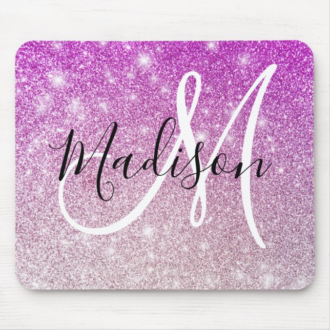 Girly & Glam Purple Glitter Sparkles Monogram Name Mouse Pad (Front)