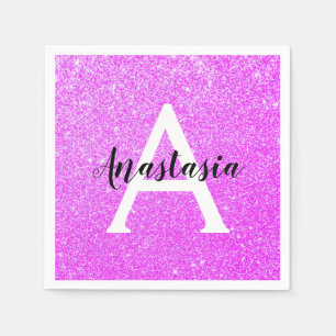 Girly Glam Purple Glitter Sparkles Monogram Name Napkin