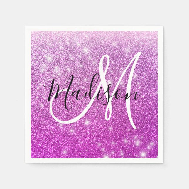 Girly & Glam Purple Glitter Sparkles Monogram Name Napkin (Front)