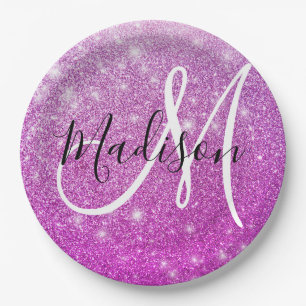 Girly & Glam Purple Glitter Sparkles Monogram Name Paper Plate