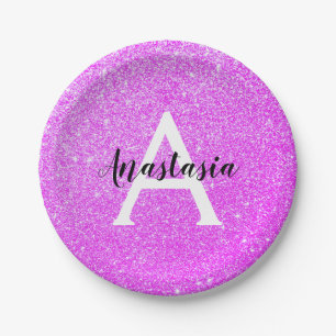 Girly Glam Purple Glitter Sparkles Monogram Name Paper Plate