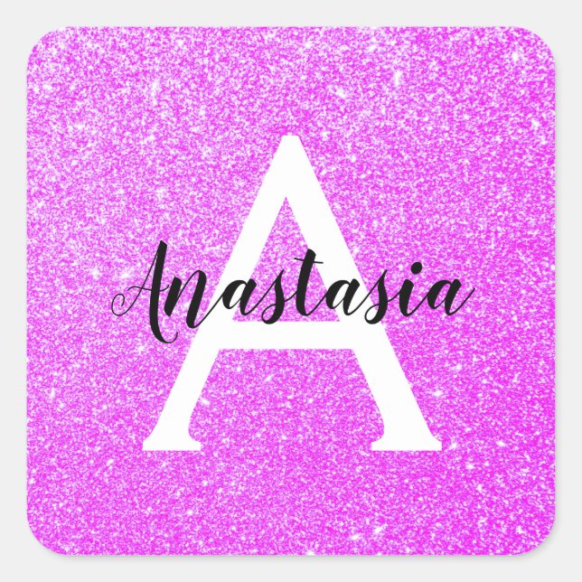 Girly Glam Purple Glitter Sparkles Monogram Name Square Sticker (Front)