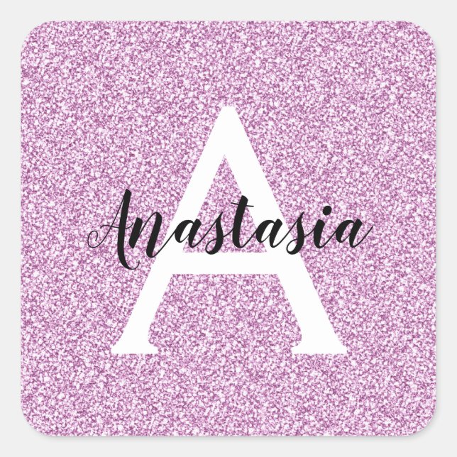 Girly Glam Purple Glitter Sparkles Monogram Name Square Sticker (Front)