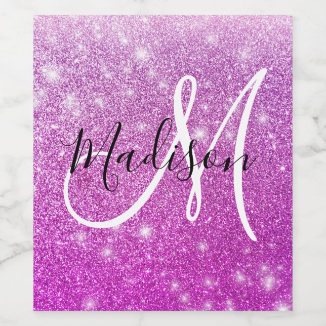 Girly & Glam Purple Glitter Sparkles Monogram Name Wine Label (Single Label)