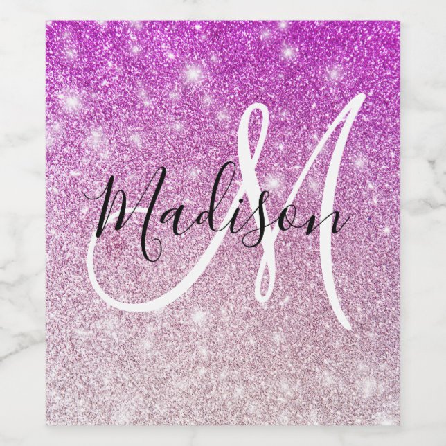 Girly & Glam Purple Glitter Sparkles Monogram Name Wine Label (Single Label)