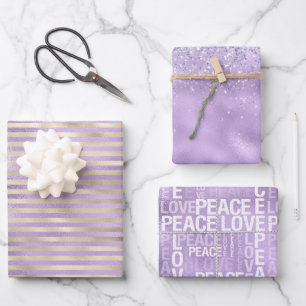 Girly Glam Purple Gold Love Peace Wrapping Paper Sheet