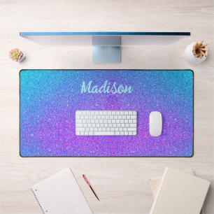 Girly Glam Purple Teal Blue Glitter Personalised Desk Mat