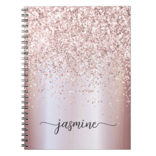 Girly Glam Rose Gold Glitter Monogram Name Script Notebook