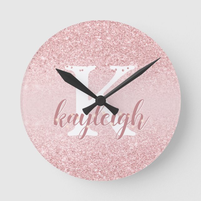 Girly Glam Rose Gold Glitter Monogram Sparkle Name Round Clock (Front)