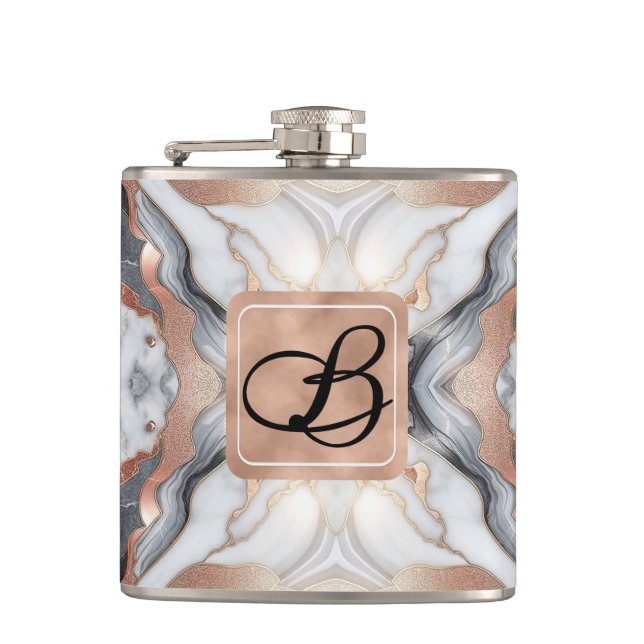 Girly Glam Rose Gold Silver & White Marble  Hip Flask (Front)