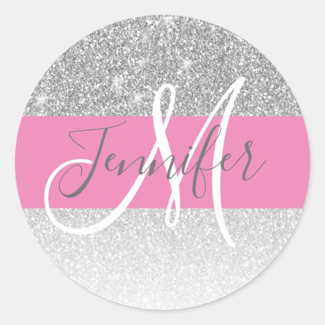 Girly Glam Silver Glitter Pink Monogram Name Classic Round Sticker (Front)