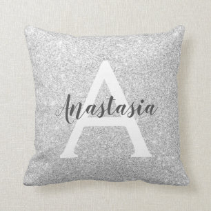 Girly Glam Silver Glitter Sparkles Monogram Name Cushion