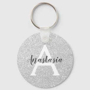 Girly Glam Silver Glitter Sparkles Monogram Name Key Ring