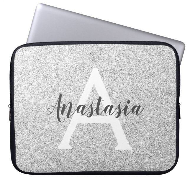 Girly Glam Silver Glitter Sparkles Monogram Name Laptop Sleeve (Front)