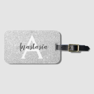 Girly Glam Silver Glitter Sparkles Monogram Name Luggage Tag