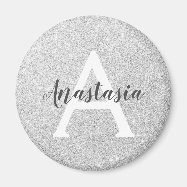 Girly Glam Silver Glitter Sparkles Monogram Name Magnet (Front)