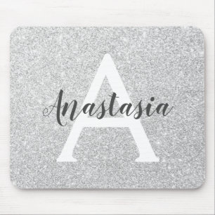 Girly Glam Silver Glitter Sparkles Monogram Name Mouse Pad