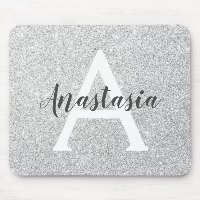 Girly Glam Silver Glitter Sparkles Monogram Name Mouse Pad (Front)