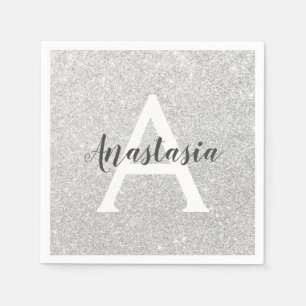 Girly Glam Silver Glitter Sparkles Monogram Name Napkin