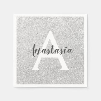 Girly Glam Silver Glitter Sparkles Monogram Name Napkin