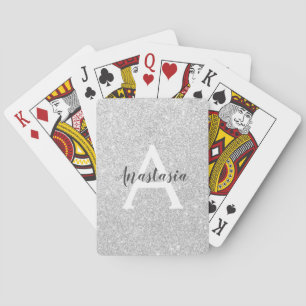 Girly Glam Silver Glitter Sparkles Monogram Name Playing Cards