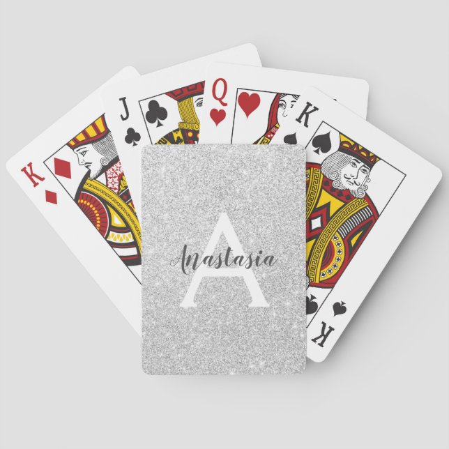 Girly Glam Silver Glitter Sparkles Monogram Name Playing Cards (Back)