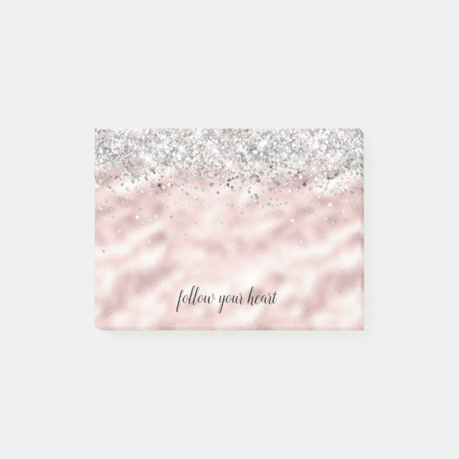 Girly Glam Silver Pink Heart Personalized Post-it Notes (Front)