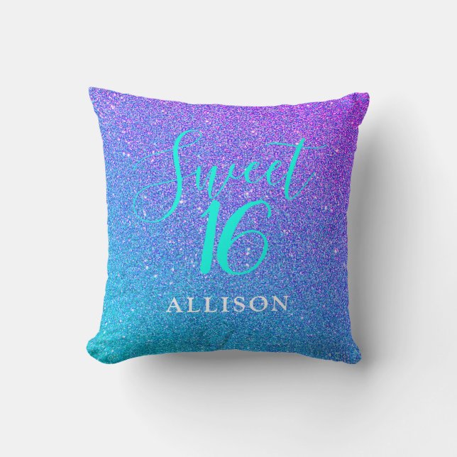 Girly Glam Teal Purple Glitter Sweet 16 Monogram Cushion (Front)