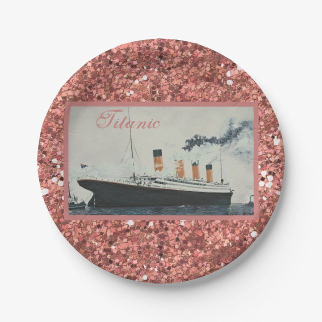Girly Glam Titanic Rose Gold Glitter Paper Plate (Front)
