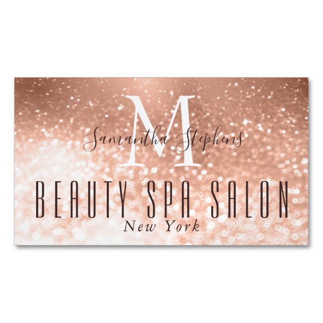 Girly Glamorous Rose Gold Glitter SPA Salon Magnetic Business Card (Front)