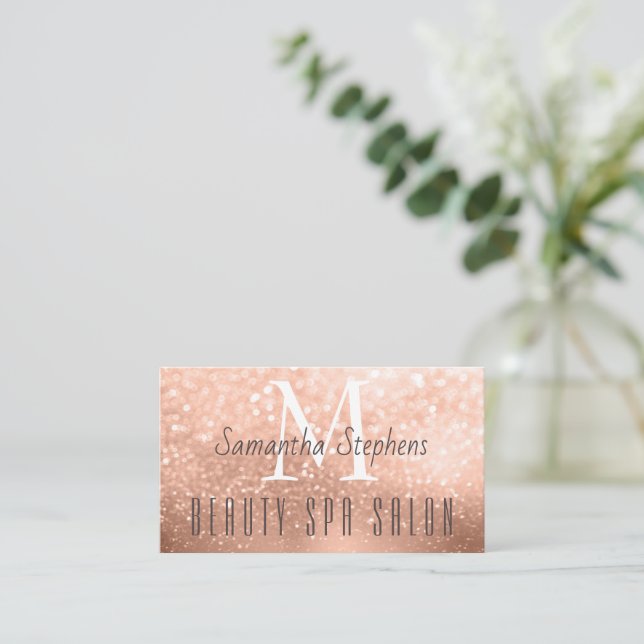 Girly Glamourous Rose Gold Glitter Hair SPA Salon Business Card (Standing Front)